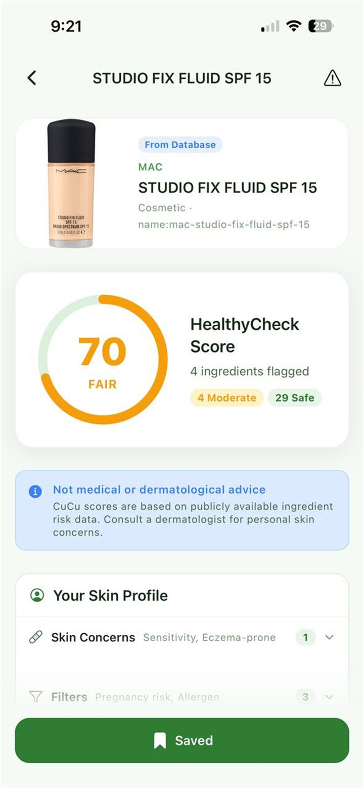 CuCu product screen showing a foundation with a 70 out of 100 Fair score, four flagged ingredients, and a skin profile match
