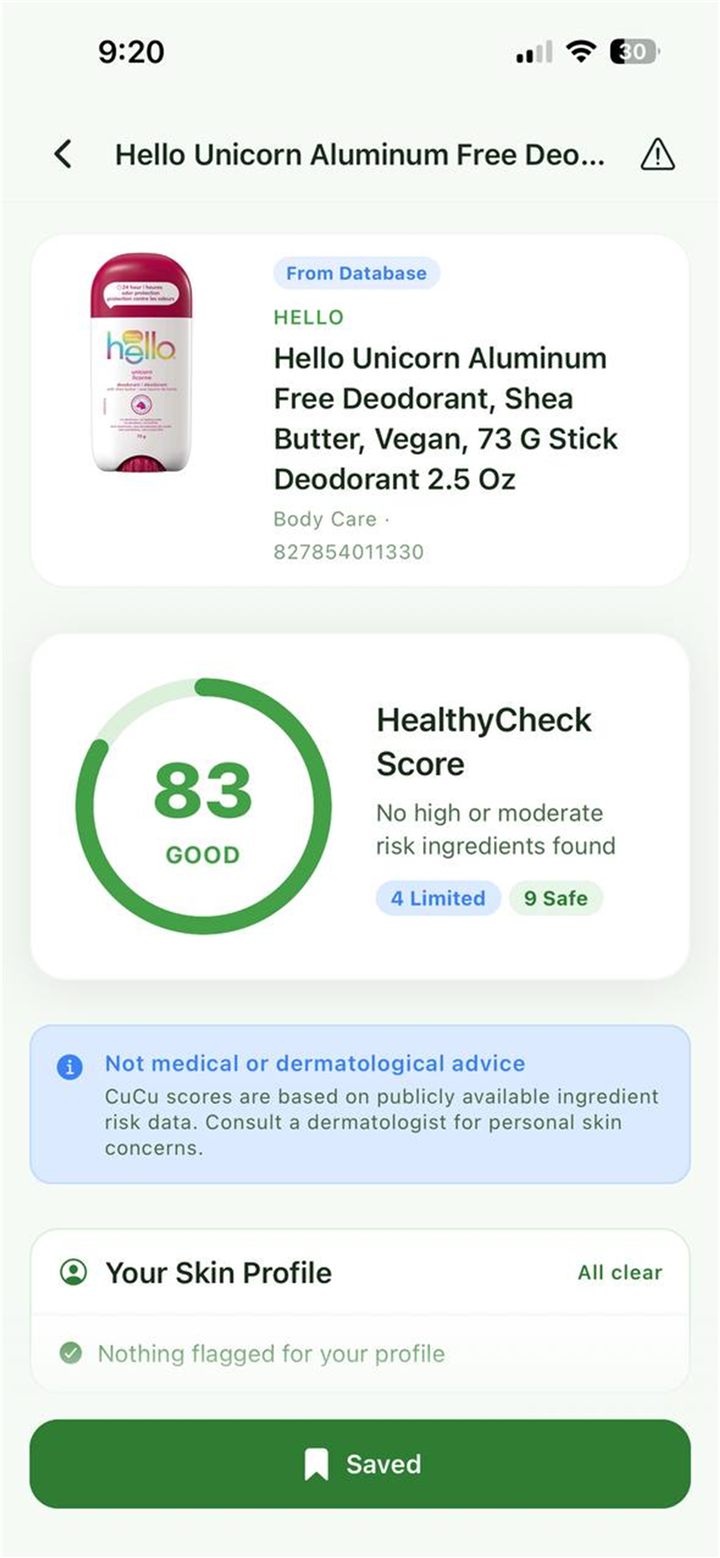 CuCu product page for a deodorant showing the identified product, brand, and ingredient summary