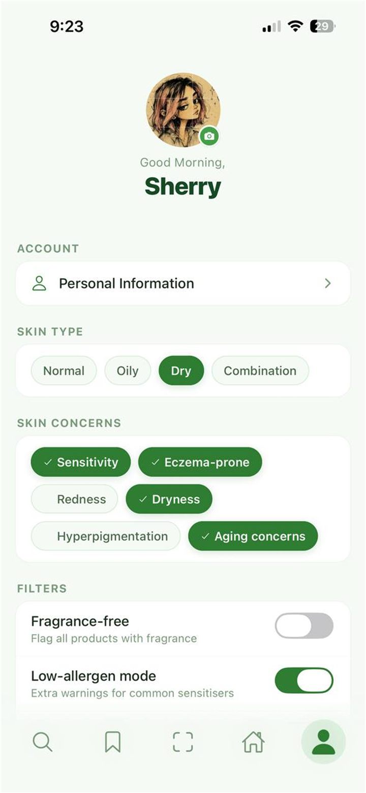 CuCu skin profile screen with skin type selection, skin concern tags, and ingredient filter toggles like fragrance-free and low-allergen mode