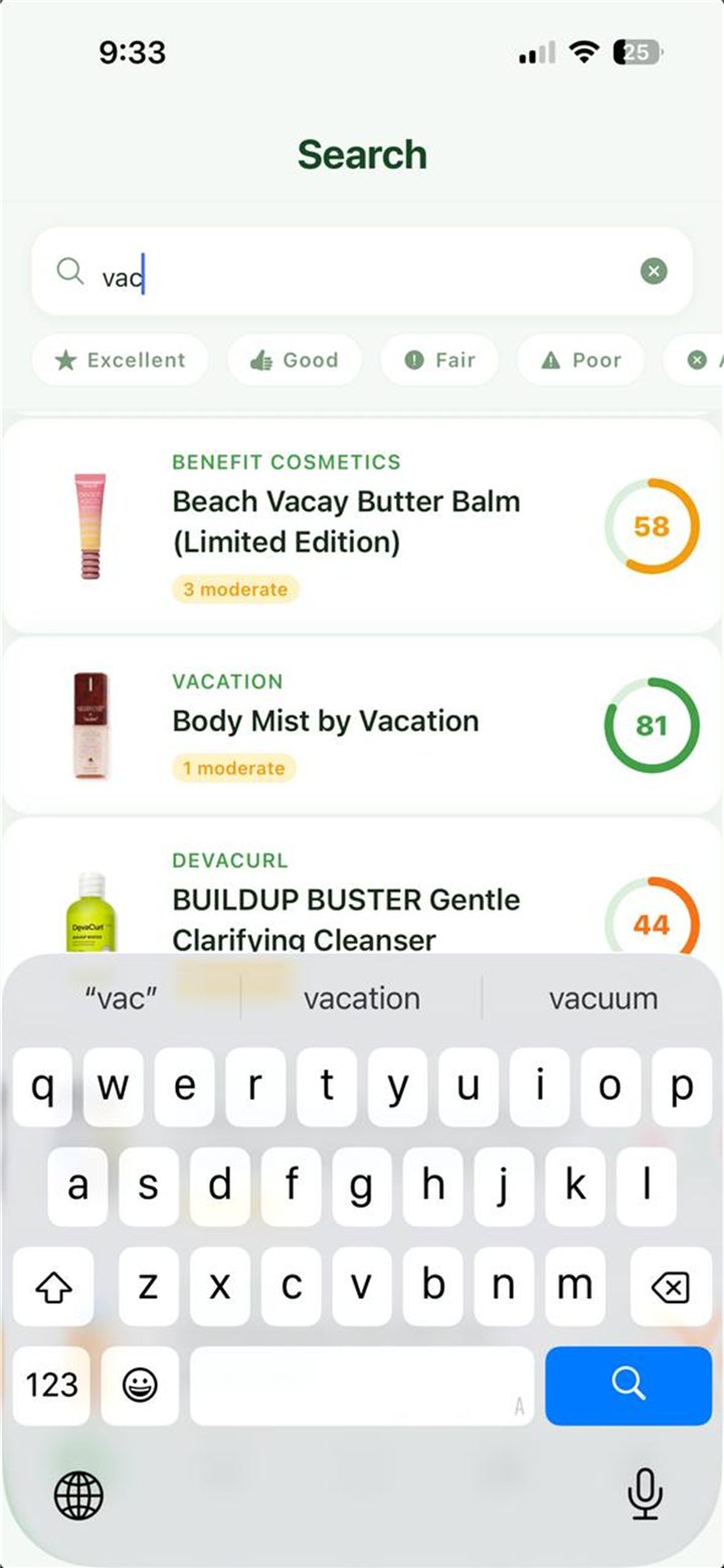 CuCu full product search showing beauty products with their 0 to 100 scores and score filters